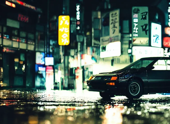 Prompt: close up macro shot of a ae 8 6 car on wet tokyo street at night, intricate, hyper detailed, smooth, high contrast, neon, volumetric lighting, octane, moebius, greg rutkowski, blade runner, ridley scott, cinematic