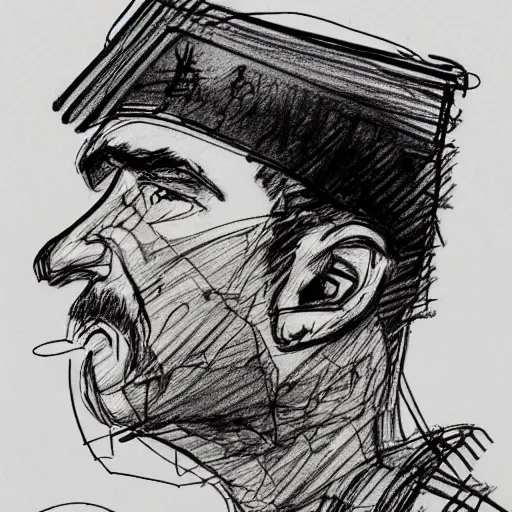 Prompt: a realistic yet scraggly portrait sketch of the side profile of a stern and sophisticated the soldier, trending on artstation, intricate details, in the style of frank auerbach, in the style of sergio aragones, in the style of martin ansin, in the style of david aja, in the style of mattias adolfsson