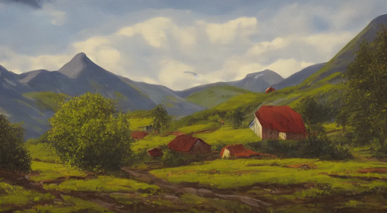 Prompt: a landscape painting of a norwegian house