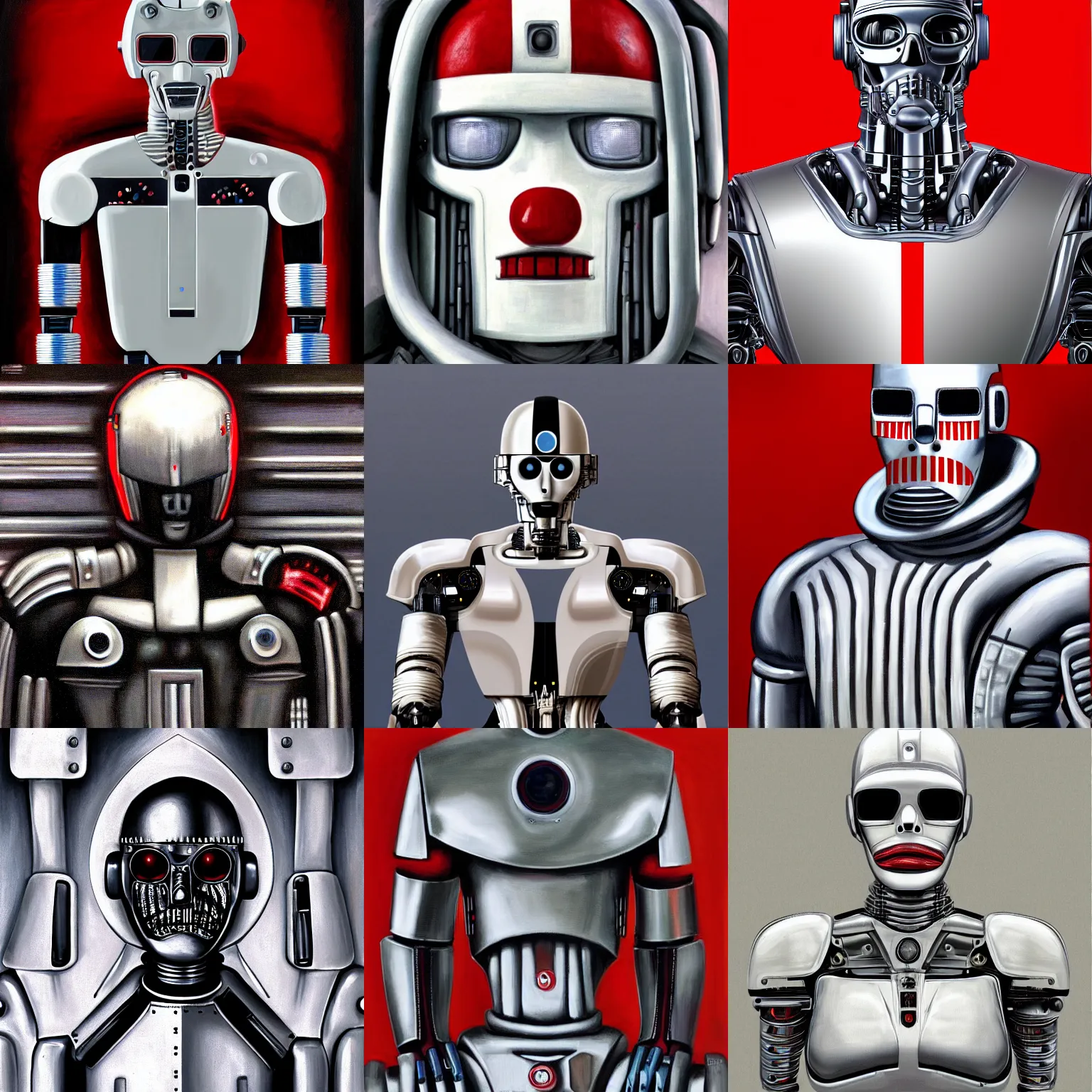 Prompt: robot with a futuristic white military uniform, portrait, faceless, terminator, clean, designed by Apple, red and white stripes, painting by H R Giger
