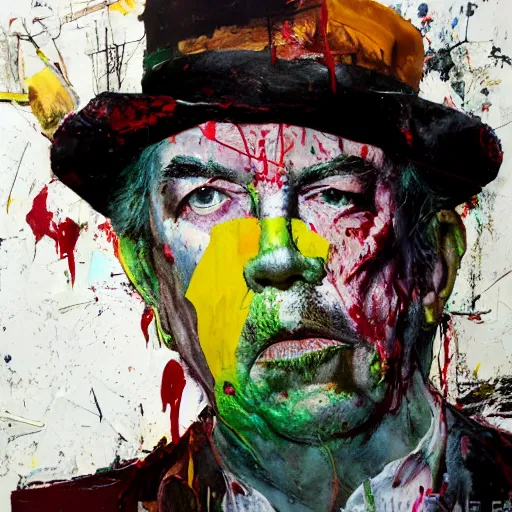 Prompt: hyperrealistic, photorealistic, mixed media oil painting of captain beefheart, magazine scraps, plaster, blood, oil, mustard, splatter, greg rutkowski, basquiat, ralph steadman, wesley kimler, terry gilliam, andy warhol, wesley kimler