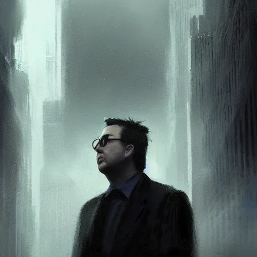 Image similar to closeup portrait of bill hicks, dramatic lighting, city background, chiaroscuro, high detail, painted by greg rutkowski, trending on artstation