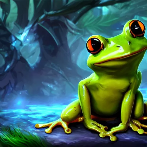 Image similar to beatiful art league of legends splash art of a frog in a swamp