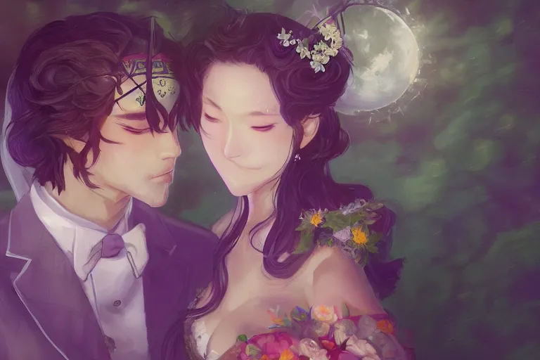 Image similar to a cinematic portrait of wedding photograph jpeg close up moment of a divine a japan sun god and moon goddess lovers magician at a wedding banquet. portraiture. digital painting. artstation. concept art. wedding photo. digital painting. violet evergarden art masterpiece by art by krenz cushart