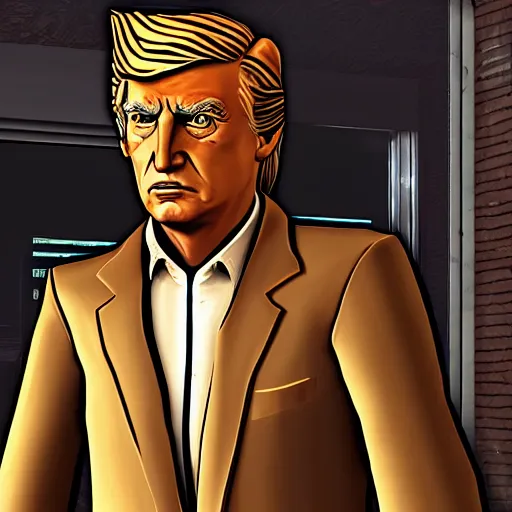 Image similar to Donald Trump in The Wolf Among Us, highly realistic, HDR, extremely detailed, surprisingly good, 4k, 8k