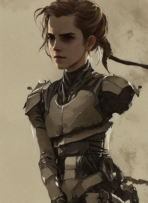 Image similar to emma watson wearing metal gear armour art by Hokusai by greg rutkowski by wlop high detail comic sharp vector lineart dramtic lighting artstation by trevor henderson by ross draws cinematic dramatic