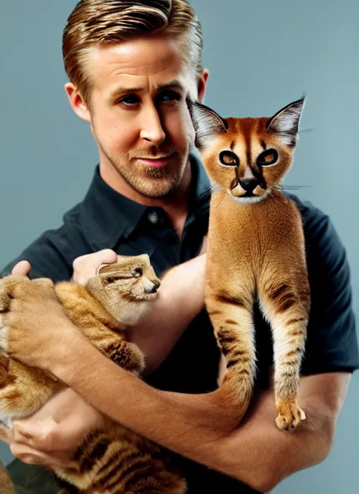 Image similar to Ryan Gosling holds a caracal cat in his hands, ultra highly detailed, smooth, sharp focus, elegant, artstation