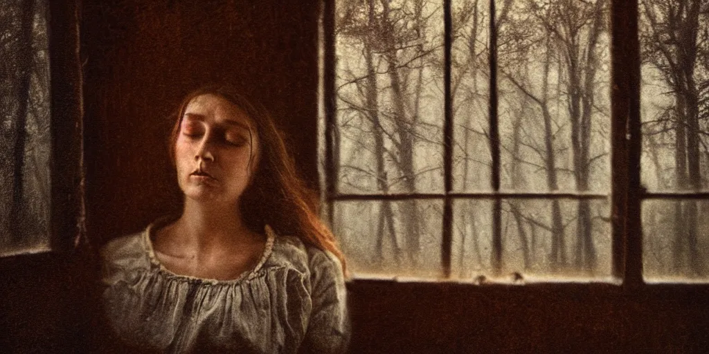 Image similar to portrait bust of young woman, tired expression, faded color film, russian cinema, tarkovsky, kodachrome, inside old cabin, next to window, heavy forest outside, long brown hair, old clothing, heavy fog, brown color palette, hudson river school, 4 k, dramatic lighting, greg rutkowski