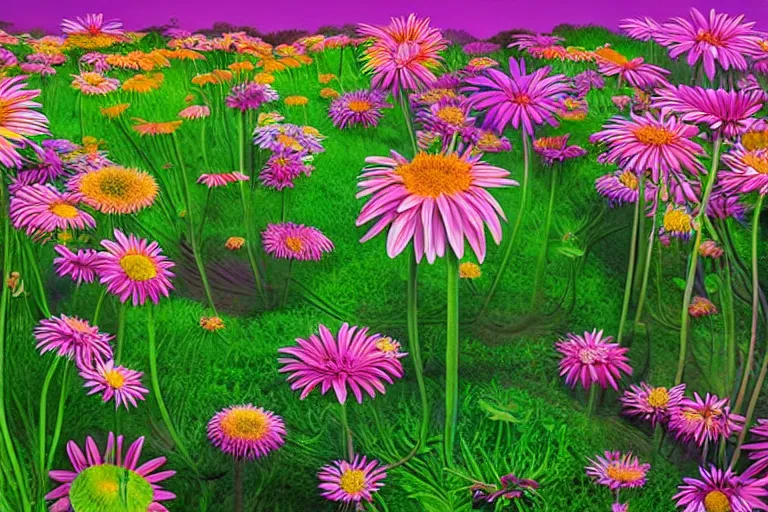 Image similar to beautiful field of giant gerber daisy flowers digital illustration by dr. seuss : 1 | colorful surreal psychedelic megaflora forest by beeple : 1