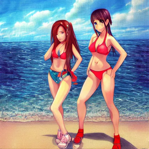 Image similar to beautiful aerith and tifa and jessie from final fantasy in a bikini on the beach making eye contact drawn by WLOP