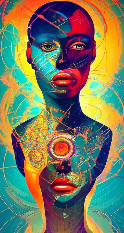 Prompt: art deco close up portait of head surrounded by spheres, like a dream digital painting cinematic dramatic fluid lines otherworldly vaporwave interesting details rule of thirds epic composition by artgerm basquiat