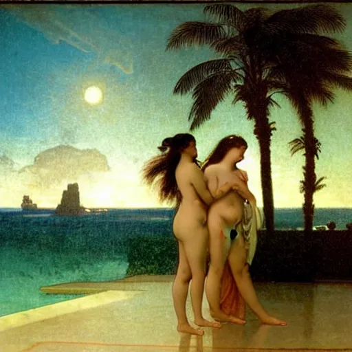 Image similar to Silhouette of two girls at the palace, thunderstorm, greek pool, beach and palm trees on the background major arcana sky, by paul delaroche, alphonse mucha and arnold böcklin arnold böcklin hyperrealistic 8k, very detailed