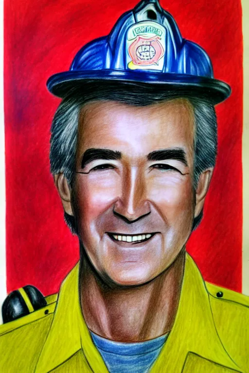 Image similar to a drawing of randy mantooth clean shaven, as a fire fighter by a child, bright colours, detailed