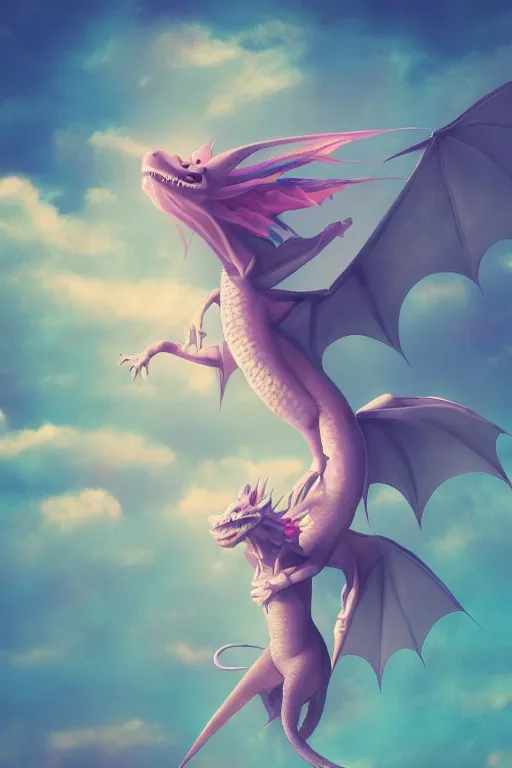 Prompt: a magical dragon making a girl fly in the sky without wings, they are in the edge of a beautiful hill, aesthetic, pastel filter, pastel effect, pastel style, 2 d art