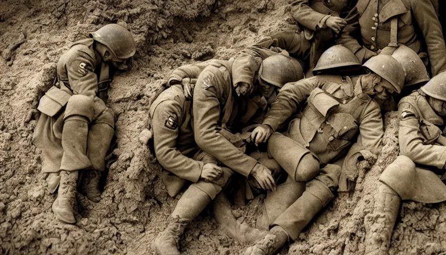 Prompt: World War 1 soldier ghosts in abandoned trenches, cinematic lighting, IMAX cinematography