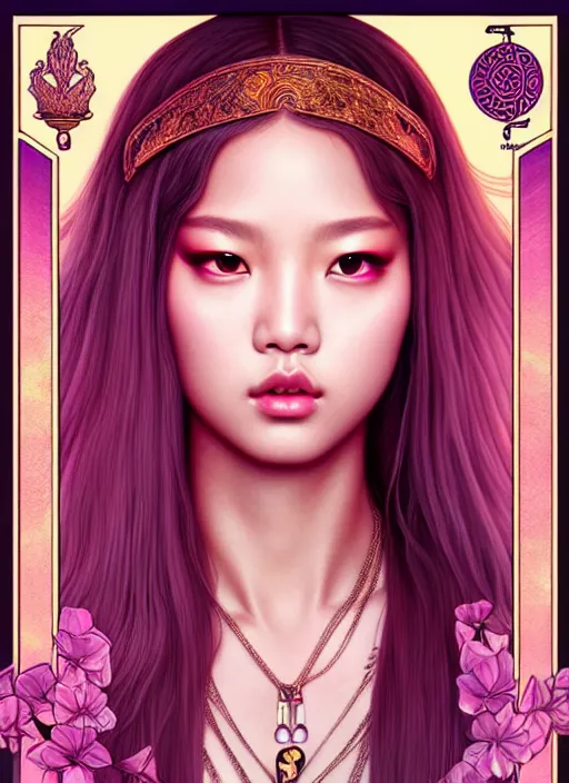 Image similar to jennie of blackpink, queen, tarot card, highly detailed, digital painting, smooth, sharp focus, illustration, ultra realistic, unreal engine, 8 k, art by artgerm and alphonse mucha