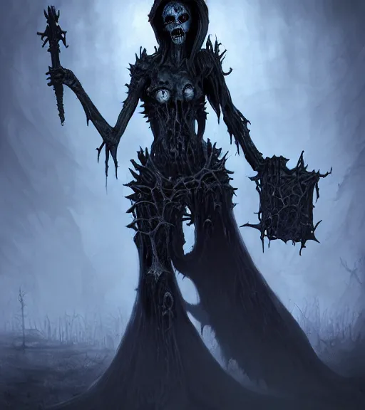 Image similar to gothic necrolord female with zombie servents, digital painting, liminal eerie midnight backlit, a picture taken by Michael Komarck and Daniel Ljunggren