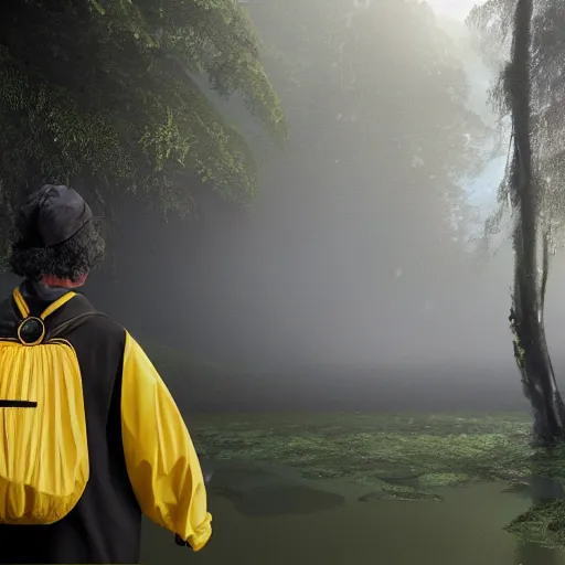 Image similar to photo studio with rainforest and foggy background. fisherman in yellow balenciaga cloth, plastic bag and black mask. photorealistic high resolution, redshift render, 8 k