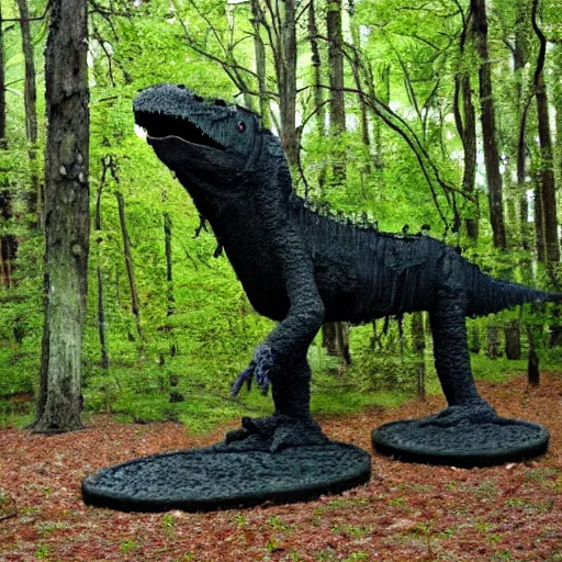 Image similar to mossy recycled tire sculpture of a tyrannosaurus in the forest