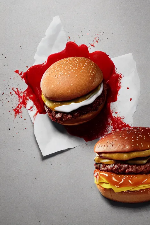 Image similar to mcdonalds hamburger covered in blood with a bite taken out, commercial photography