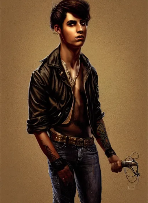 Image similar to magic realism portrait of a handsome young latino gang member in el paso, art by manuel sanjulian and tom bagshaw, hyperrealism, artstation