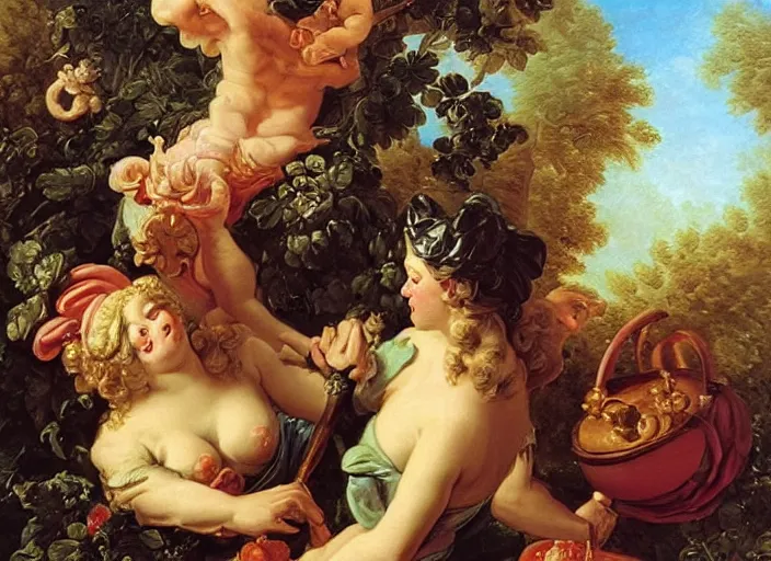 Prompt: rococo painting 💪🐸 François Boucher Greg Hildebrandt high detail fancy cake