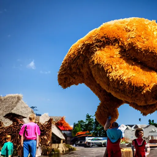 Image similar to Giant automoton chicken destroying a village (1942), Canon EOS R3, f/1.4, ISO 200, 1/160s, 8K, RAW, unedited, symmetrical balance, in-frame