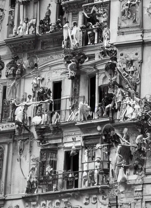 Prompt: masked crowd climbing balconies in central Rome during Carnival, coherent engraving by Hjalmar Moerner, , cinematic full shot, high res, 35mm film black and white photograph, 1812