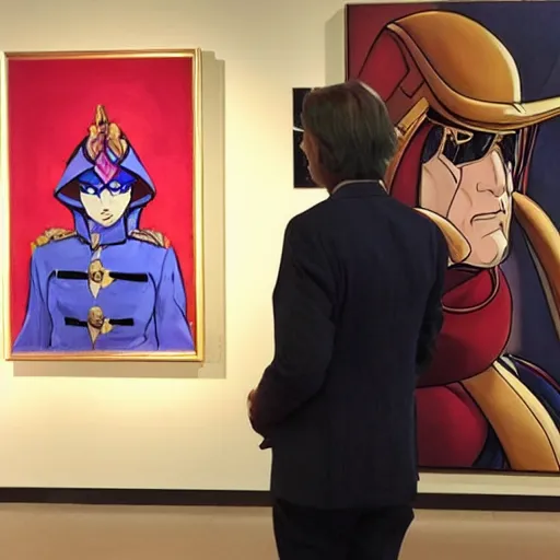 Prompt: char aznable at art gallary looking at a oil painting of garma zabi, detailed,fantasy