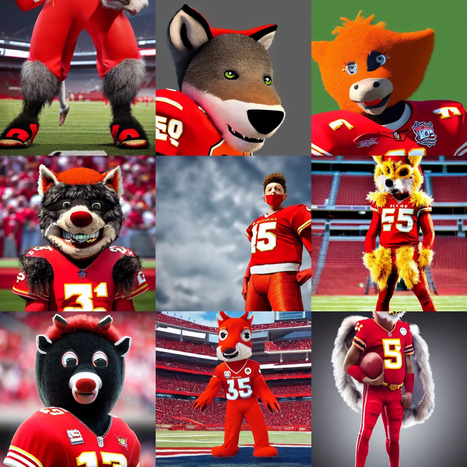 Prompt: a closeup photorealistic photograph of Patrick Mahomes dressed in the bottom half of a KC Wolf mascot costume at Arrowhead Stadium. This 4K HD image is Trending on Artstation, featured on Behance, well-rendered, extra crisp, features intricate detail and the style of Unreal Engine.