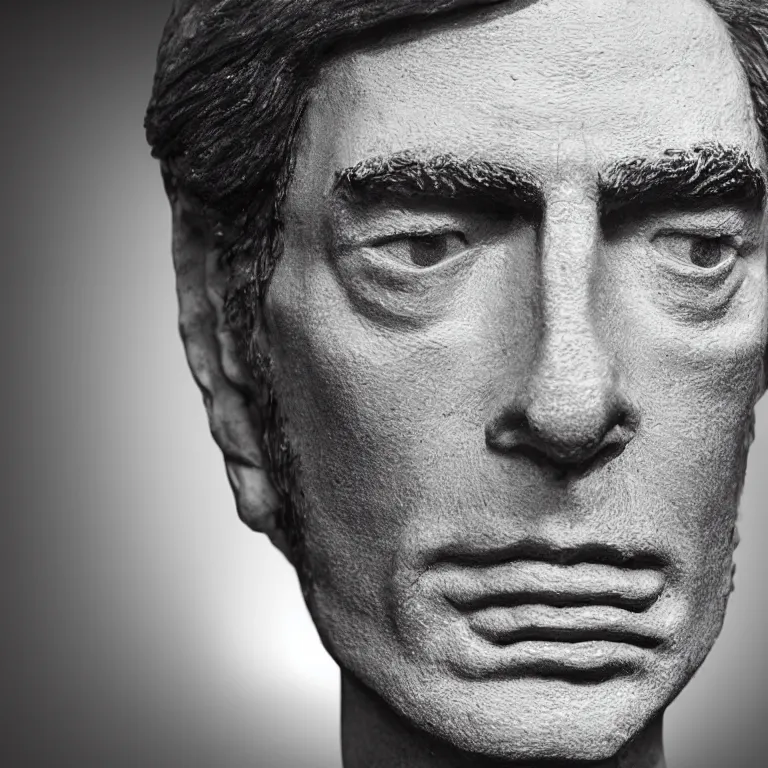 Prompt: studio photograph of hyperrealistic accurate portrait sculpture of young timothy dalton, beautiful symmetrical!! face accurate face detailed face realistic proportions, made of asphalt on a pedestal by ron mueck and matthew barney and greg rutkowski, hyperrealism cinematic lighting shocking detail 8 k