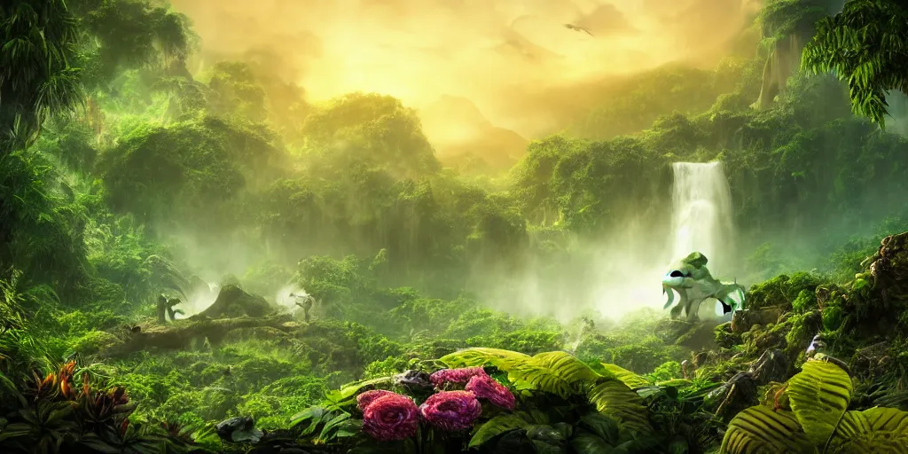 Image similar to a ghost dinosaur in a prehistoric jungle, lush flora, waterfall, mountains, dark towering clouds, flowers, vines, sunset, volumetric lighting, rtx on, washed out colors, an award winning digital render, beautiful, ultradetailed, great composition