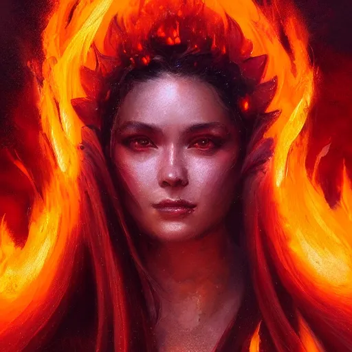 Image similar to a beautiful portrait of a fire goddess, flaming background, a detailed painting by greg rutkowski and raymond swanland, featured on cgsociety, fantasy art, detailed painting, artstation hd, photorealistic