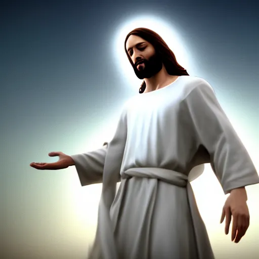 Image similar to Jesus Christ with white wings, dynamic lighting, +++++++++++ dynamic pose, high resolution, powerful, halo, 8k, glitch effect