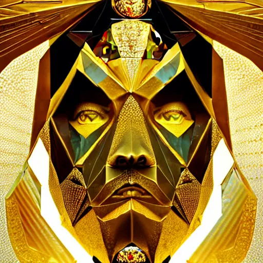 Prompt: halfturn crystal face, geometrical, fully made of golden crystals, half - turn, bottom view, ominous, intricate, architectural, geometrical, art by anthony macbain + greg rutkowski + alphonse mucha, concept art, 4 k, sharp focus