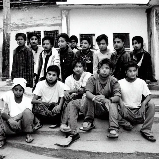 Prompt: local youth gang of Kathmandu from 1990s