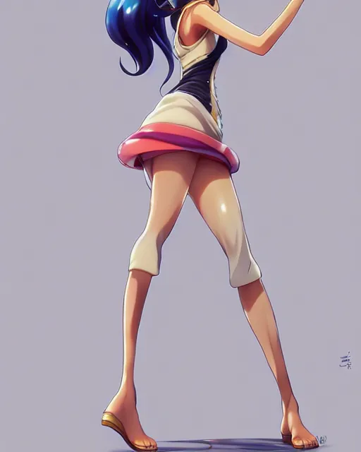 Image similar to nami from one piece, simple cream dress, detailed perfect face, mid view, by artgerm, by studio muti, greg rutkowski makoto shinkai takashi takeuchi studio ghibli