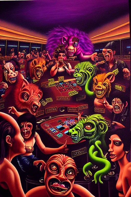 Image similar to a hyperrealistic painting of a chimera riot at the casino, cinematic horror by chris cunningham, lisa frank, richard corben, highly detailed, vivid color,