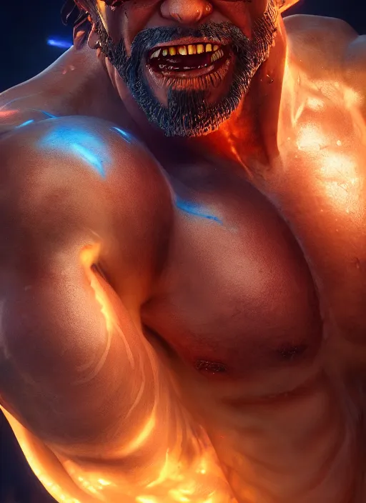 Prompt: glowwave portrait of a muscular demon, au naturel, hyper detailed, digital art, trending in artstation, cinematic lighting, studio quality, smooth render, unreal engine 5 rendered, octane rendered, art style by pixar dreamworks warner bros disney red dead redemption far cry doom cyberpunk 2 0 7 7 riot games and overwatch.