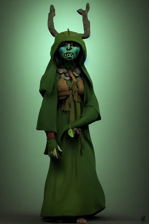 Image similar to A cute shaman with no nose, glowing eyes and a very long hooded dark green cloak of leaves by Julien Kaspar, 3D render, stylized, Cycles Render