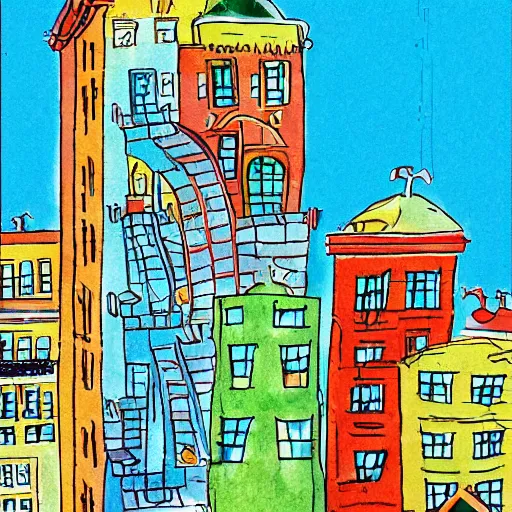 Image similar to city filled with buildings, colorful kids book illustration by dr seuss, towers, bridges, stairs