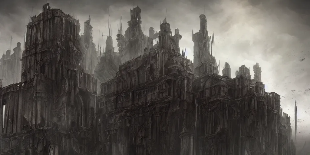 Image similar to grimdark fantasy fortress, ruined, terrifying architecture, looming, dark, fog, dark souls, artstation