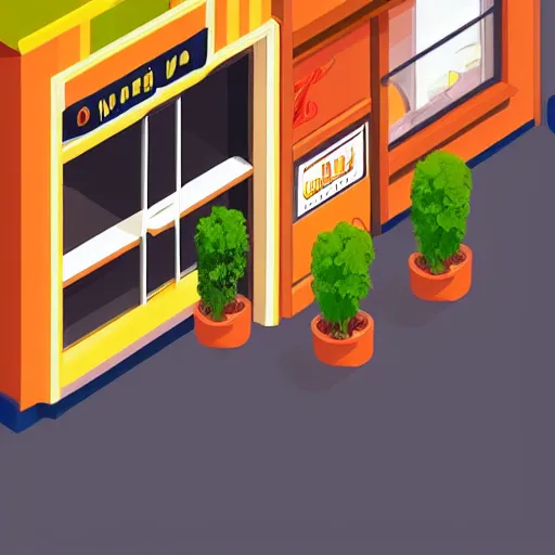 Prompt: isometric cartoon of minimalist shop cafe decorated with a few cannabis 🪴 leaf planters. by benoit b. mandelbrot, render pixar palette