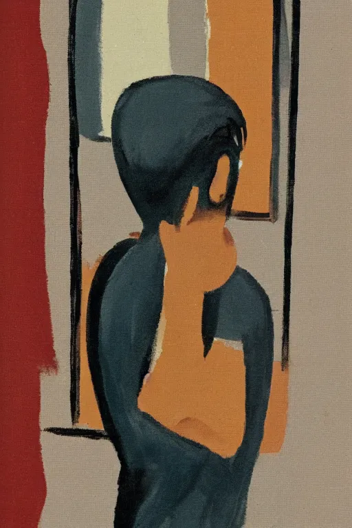 Image similar to man looking into a mirror, 1960’s minimalist advertising illustration, painterly, expressive brush strokes