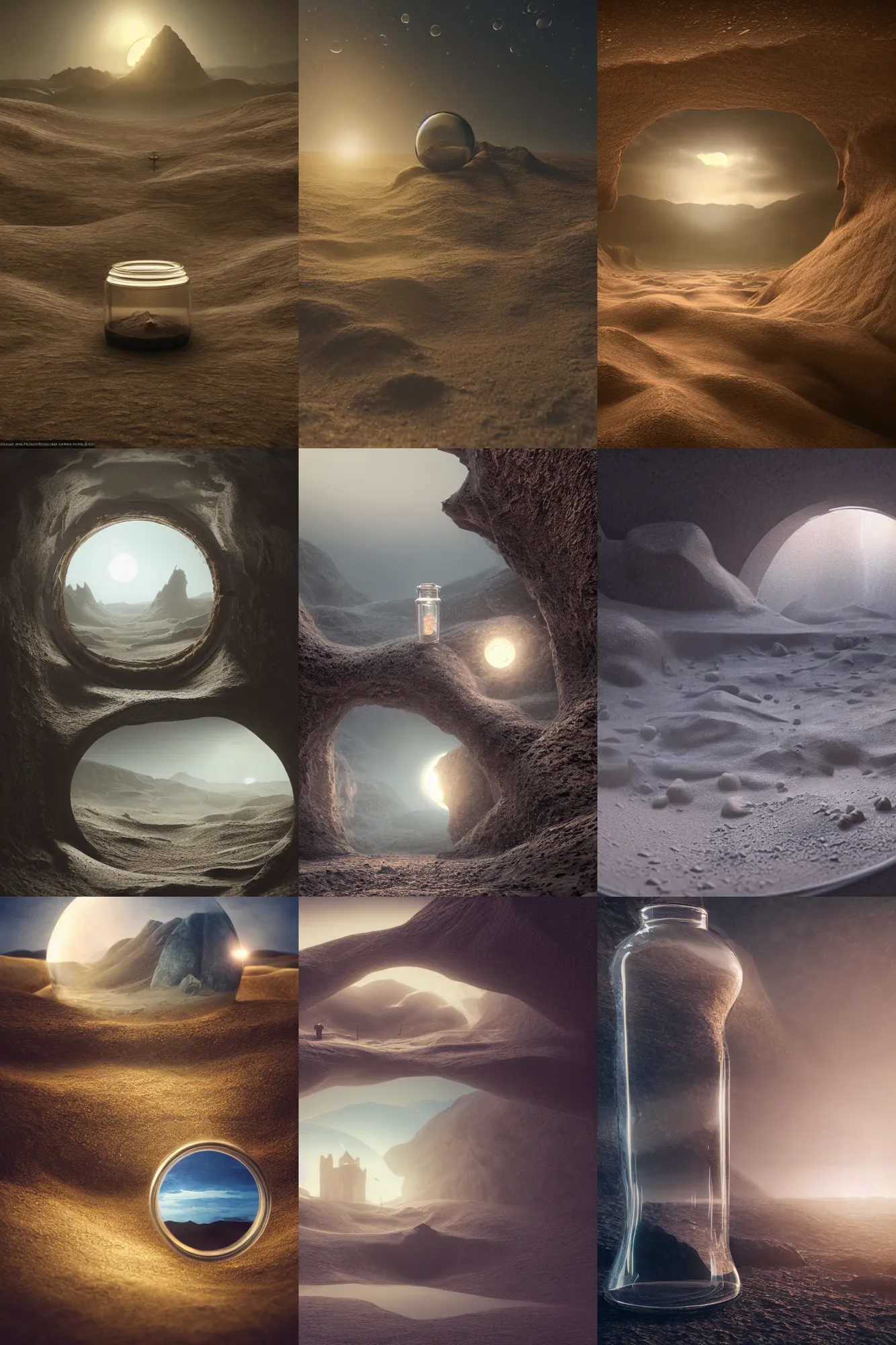 Prompt: scottish landscape inside a glass jar buried in sand, moon, intricate detail, volumetric lighting, epic composition, hyper detailed, ultra realistic, sharp focus, octane render, volumetric, ray tracing,, sense of awe, swirling mist, 4 k