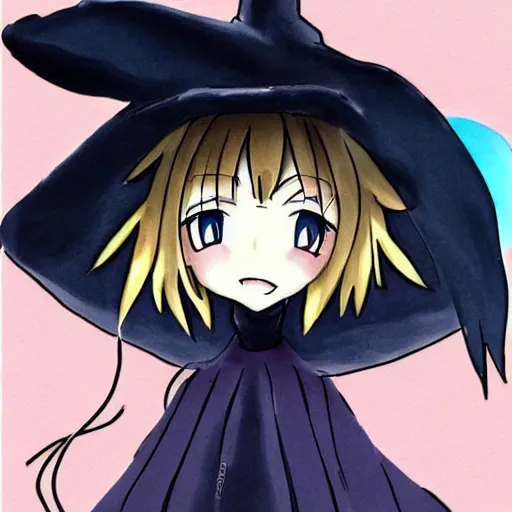 Image similar to an anime drawing of a happy woman in a very large oversized witch hat, anime styled, cute