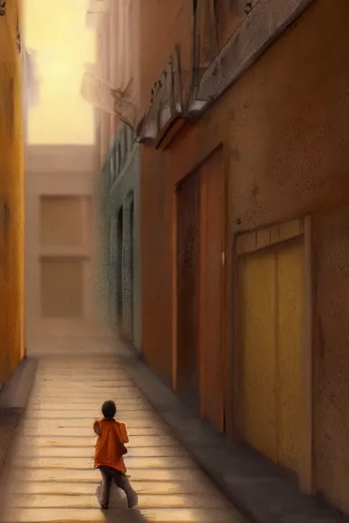 Image similar to alley in a big african city, a lonely kid, summer, david febland, artstation, matte painting