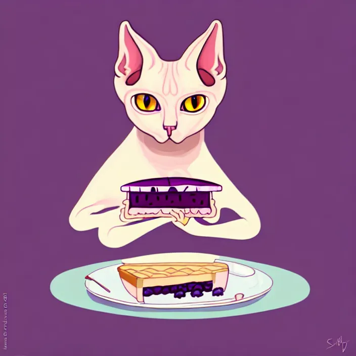 Image similar to an anthropomorphic sphynx cat fursona with big eyes eating a slice of blueberry pie, furry art, cute, oil on canvas, soft lighting