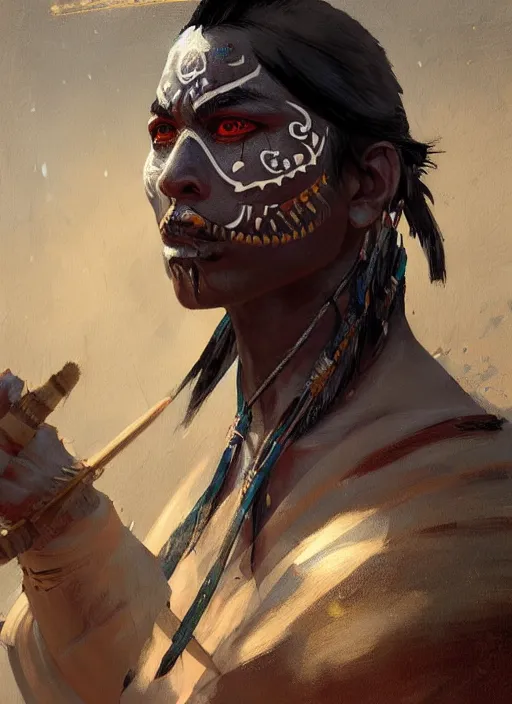 Prompt: A detailed painting of a tribal warrior trending on artstation in the style of Greg Rutkowski