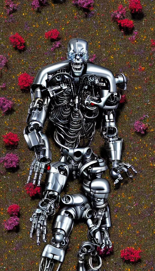 Image similar to destroyed terminator lying in a field of flowers, twisted metal, chrome, reflections, earth, terrible, anthropomorphic, photorealism, smoke, metal, 8 k, surreal, wires, smooth, sharp focus, top view, extremely detailed, ultra - realism, elegant, establishing shot, epic, by jeff koons, artgerm and greg rutkowski